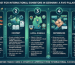 Framework showing how international exhibitors in Germany can build trust before trade fairs through five pillars: directory presence, content, local signals, references, and consistent visibility over time