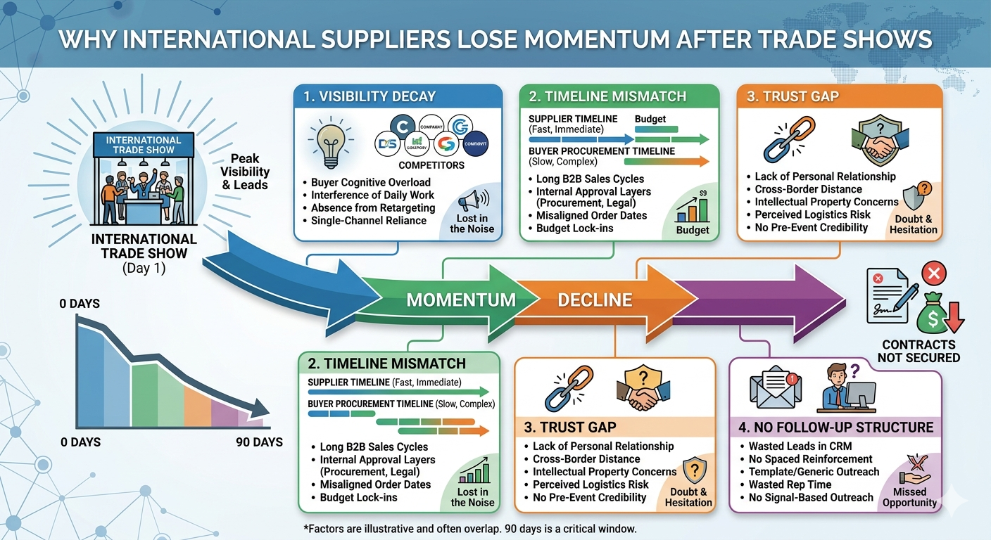 Chart showing why international suppliers lose momentum after trade shows: visibility decay, timeline mismatch, trust gap, and no follow-up structure over 90 days