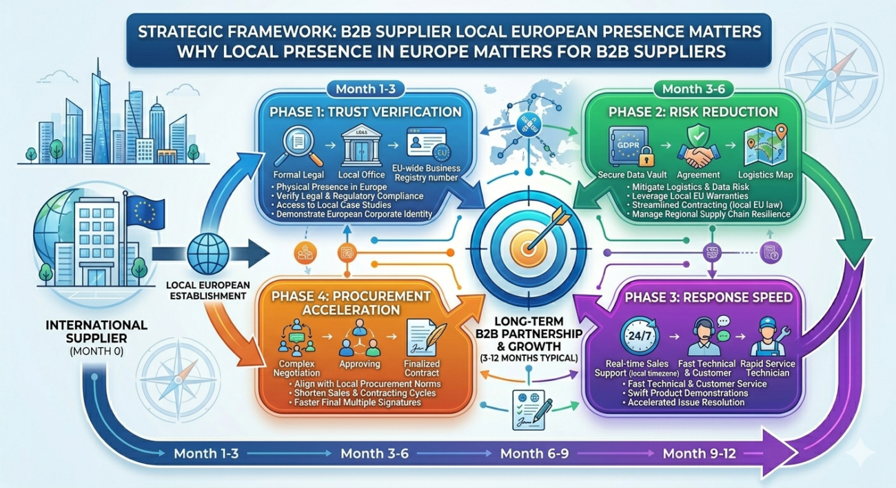 Diagram showing why local presence Europe matters for B2B suppliers: trust verification, risk reduction, response speed, and procurement acceleration