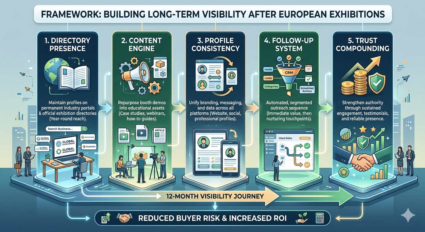 Framework showing how to build long-term visibility after European exhibitions through five pillars: directory presence, content engine, profile consistency, follow-up system, and trust compounding over 12 months