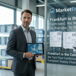 Inside a busy Frankfurt-based distribution center, featuring European standardized containers and a CE mark. The male consultant from the previous image points to a tablet displaying the EU map, alongside a female logistics professional checking specific shipping documents with a CE mark and addresses in major EU cities. The scene is defined by dynamic logistical activity. Integrated glass text states: 'Frankfurt is the Central Command. We Turn Your Exhibition Buzz into European Supply Chains. | MarketEntry.EU'. Focus is on executing distribution across the European market.