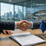 A focused low-angle medium close-up shot inside a premium Frankfurt business lounge. A decisive handshake takes place over an open multi-page framework agreement. The consultant's hand from previous images clasps the hand of an Asian executive, finalizing a partnership. The contract text is clearly legible, stating: 'EUROPEAN MARKET ENTRY & SALES AGREEMENT | FRAMEWORK AGREEMENT'. A small EU flag sits on the table. The background partition glass subtly integrates a CE mark and the MarketEntry.EU logo. The image symbolizes a secured long-term, cross-continental trade partnership within the EU framework.