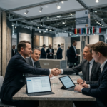 Natural stone trade fair lead generation strategy funnel showing pre-fair outreach, during-fair qualification, and post-fair follow-up phases for converting booth visitors to B2B buyers