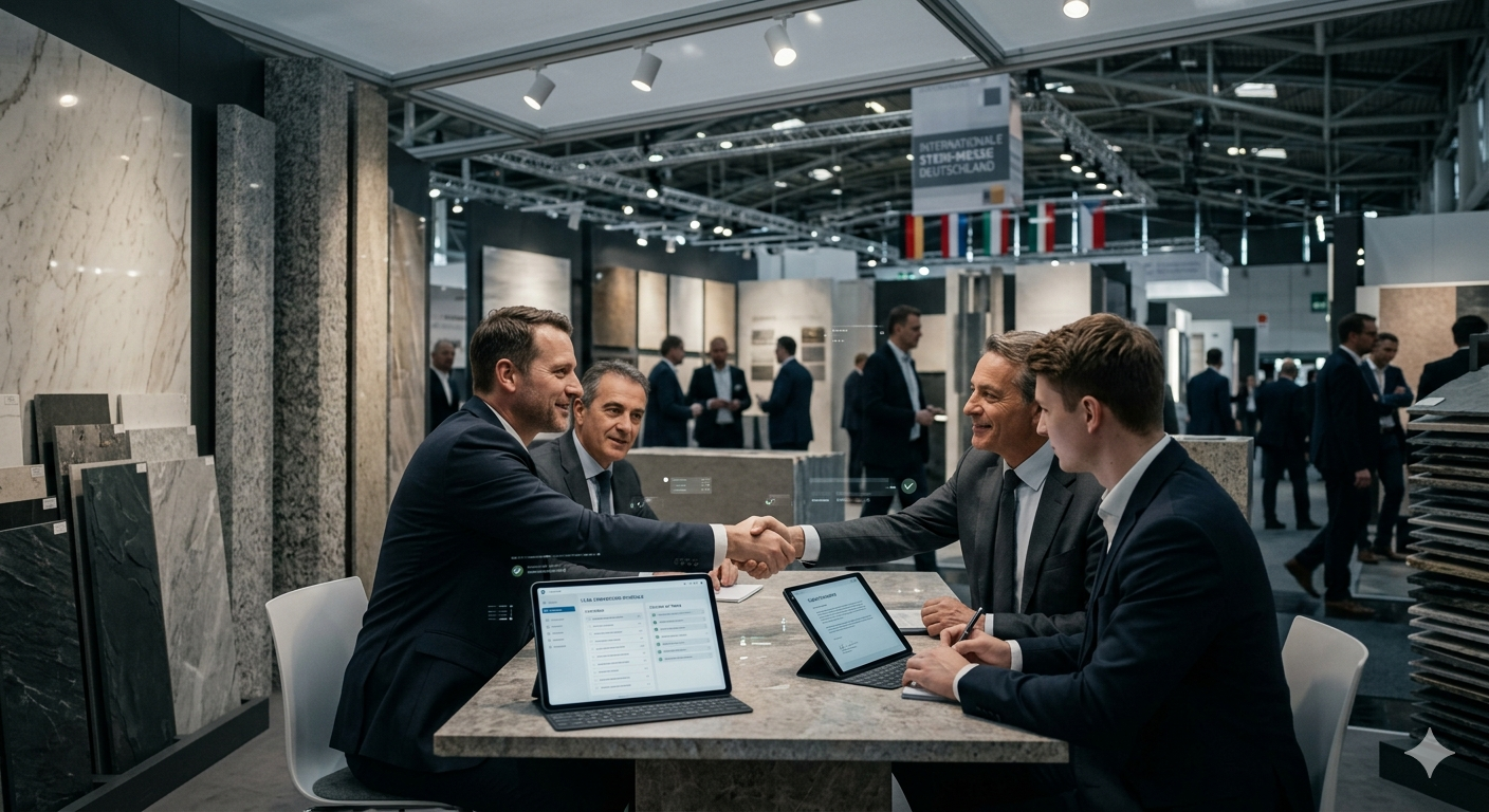 Natural stone trade fair lead generation strategy funnel showing pre-fair outreach, during-fair qualification, and post-fair follow-up phases for converting booth visitors to B2B buyers