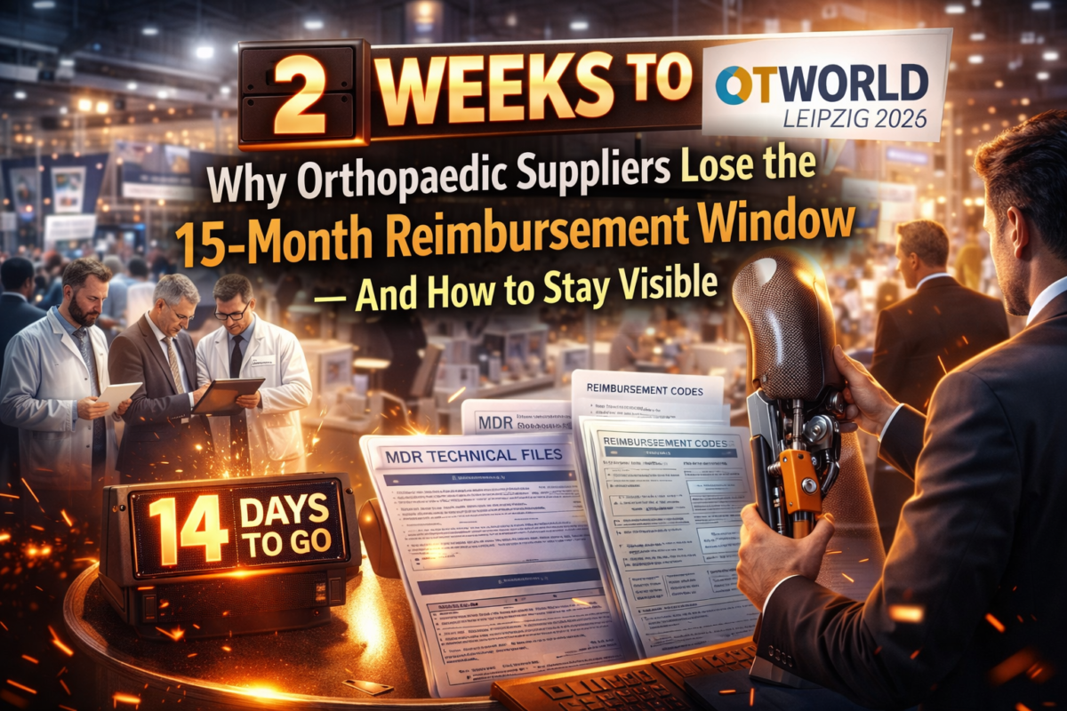 Orthopaedic exhibitor at OTWorld Leipzig presenting MDR documentation to O&P professional