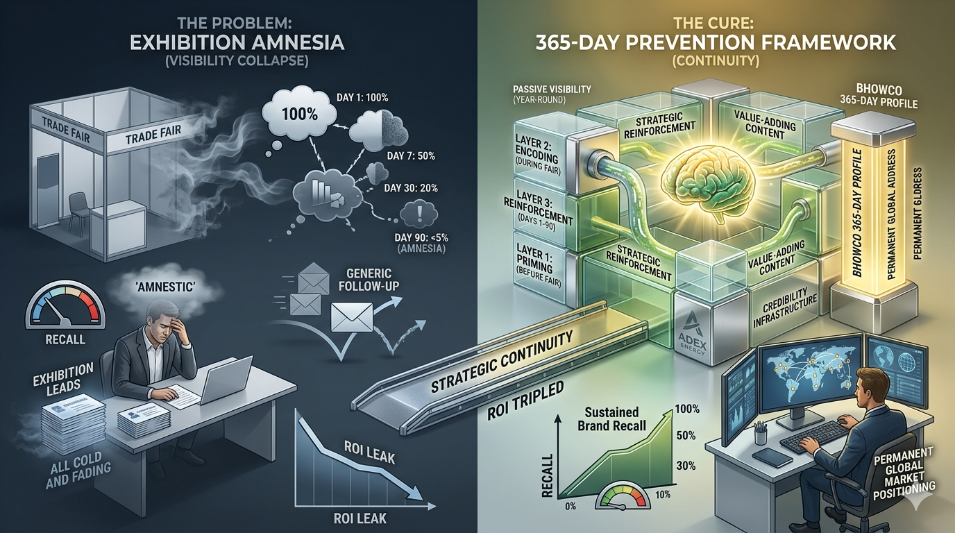 Exhibition amnesia prevention showing brand visibility curve from trade fair through post-fair collapse to 365-day continuity maintaining presence across time