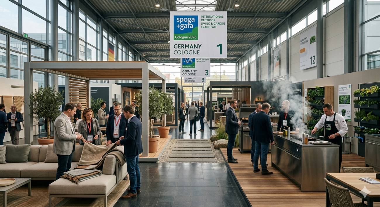 Official spoga+gafa Cologne exhibitor list 2026 preview showing confirmed garden furniture, BBQ, and outdoor living suppliers at Koelnmesse Cologne
