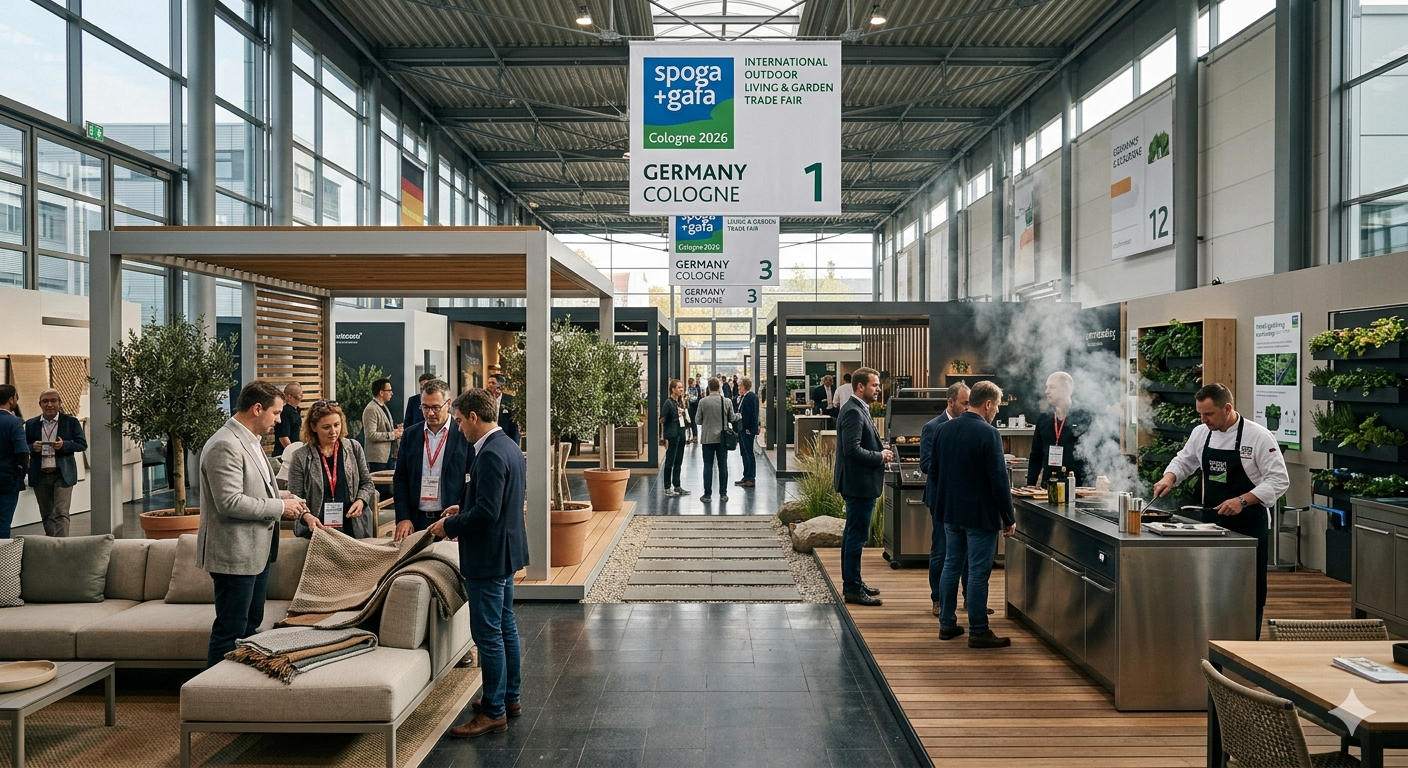 Official spoga+gafa Cologne exhibitor list 2026 preview showing confirmed garden furniture, BBQ, and outdoor living suppliers at Koelnmesse Cologne