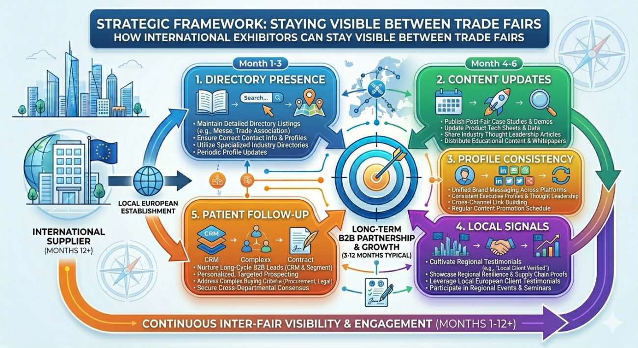 Framework showing how international exhibitors can stay visible between trade fairs through five components: directory presence, content updates, profile consistency, local signals, and patient follow-up
