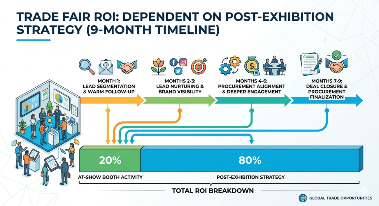 Chart showing why trade fair ROI depends on post-exhibition strategy: 20% from booth activity, 80% from follow-up, visibility, and patient procurement alignment over 9 months