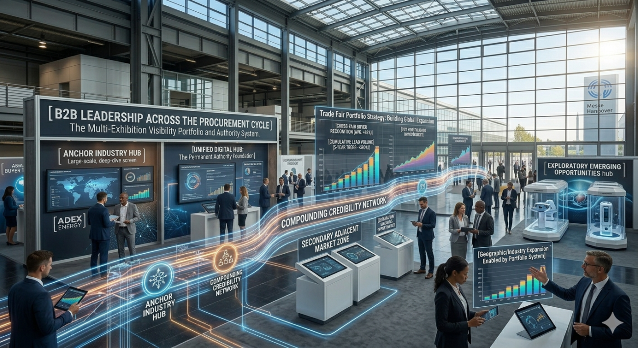 Trade fair ecosystem strategy showing comparison between campaign thinking that resets to zero and infrastructure thinking that compounds value annually across five infrastructure components