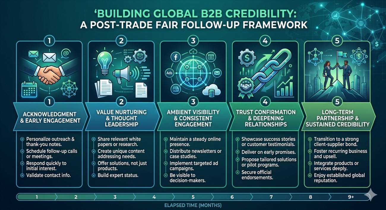 Framework showing how trade fair follow-up builds global B2B credibility through five phases: acknowledgment, value nurturing, ambient visibility, trust confirmation, and long-term partnership over 9 months