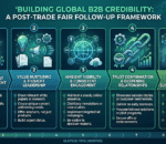 Framework showing how trade fair follow-up builds global B2B credibility through five phases: acknowledgment, value nurturing, ambient visibility, trust confirmation, and long-term partnership