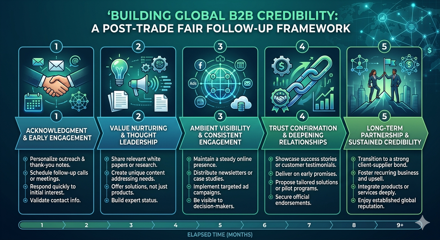 Framework showing how trade fair follow-up builds global B2B credibility through five phases: acknowledgment, value nurturing, ambient visibility, trust confirmation, and long-term partnership over 9 months