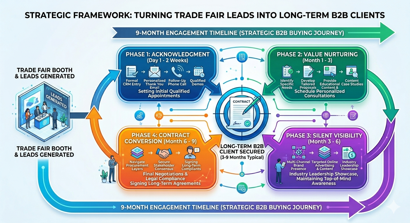 Strategic framework showing how to turn trade fair leads into long-term B2B clients through four phases: acknowledgment, value nurturing, silent visibility, and contract conversion over 9 months