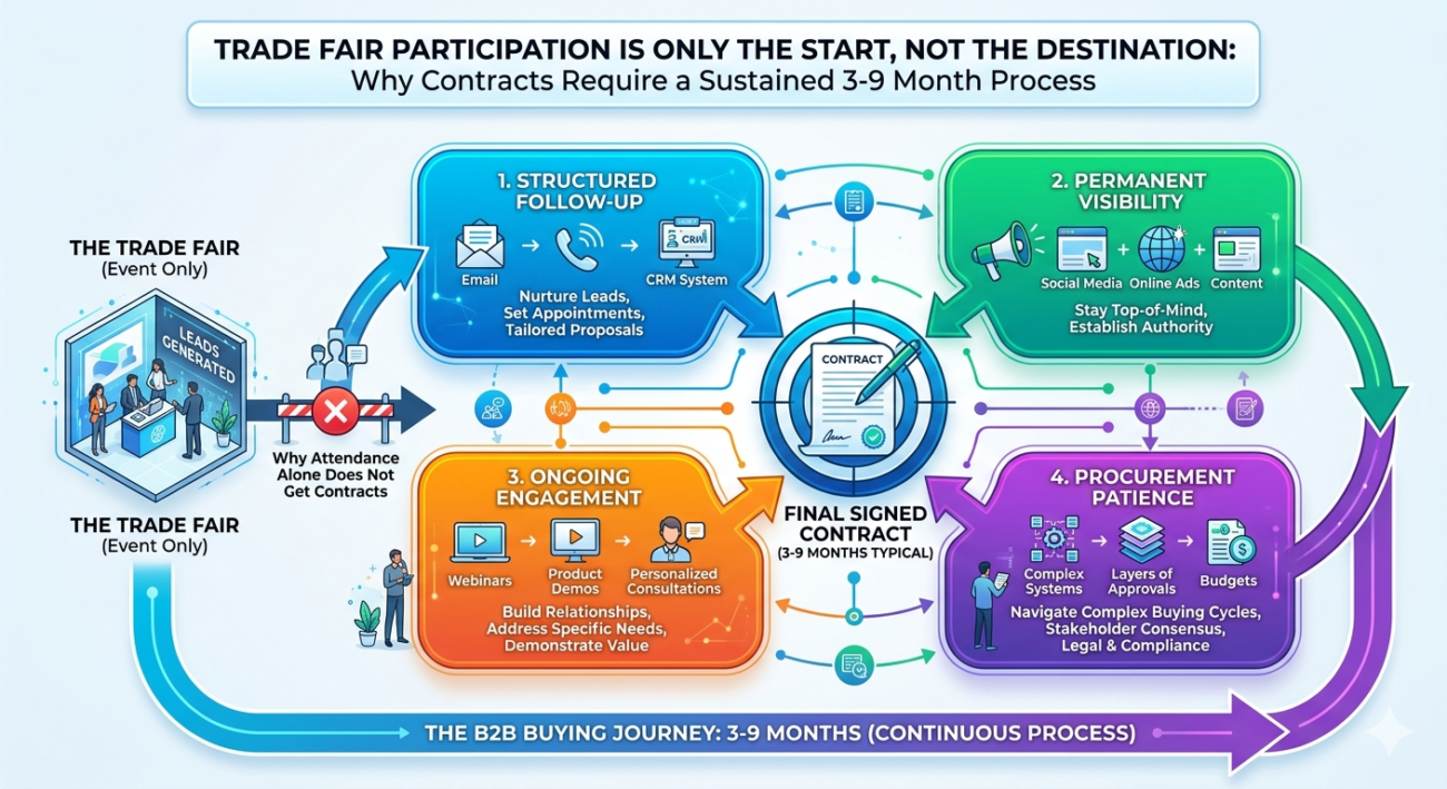 Diagram showing why trade fair participation alone does not generate contracts, with four required elements: structured follow-up, permanent visibility, ongoing engagement, and procurement patience working together over 3-9 months