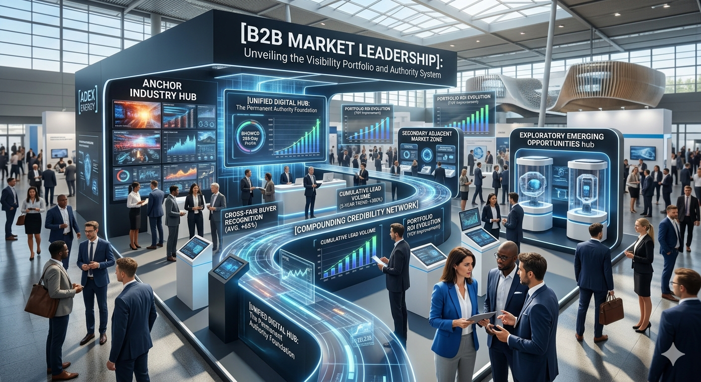 Trade fair portfolio strategy showing multi-year evolution from single fair to integrated portfolio with anchor fair, secondary fairs, and compounding credibility