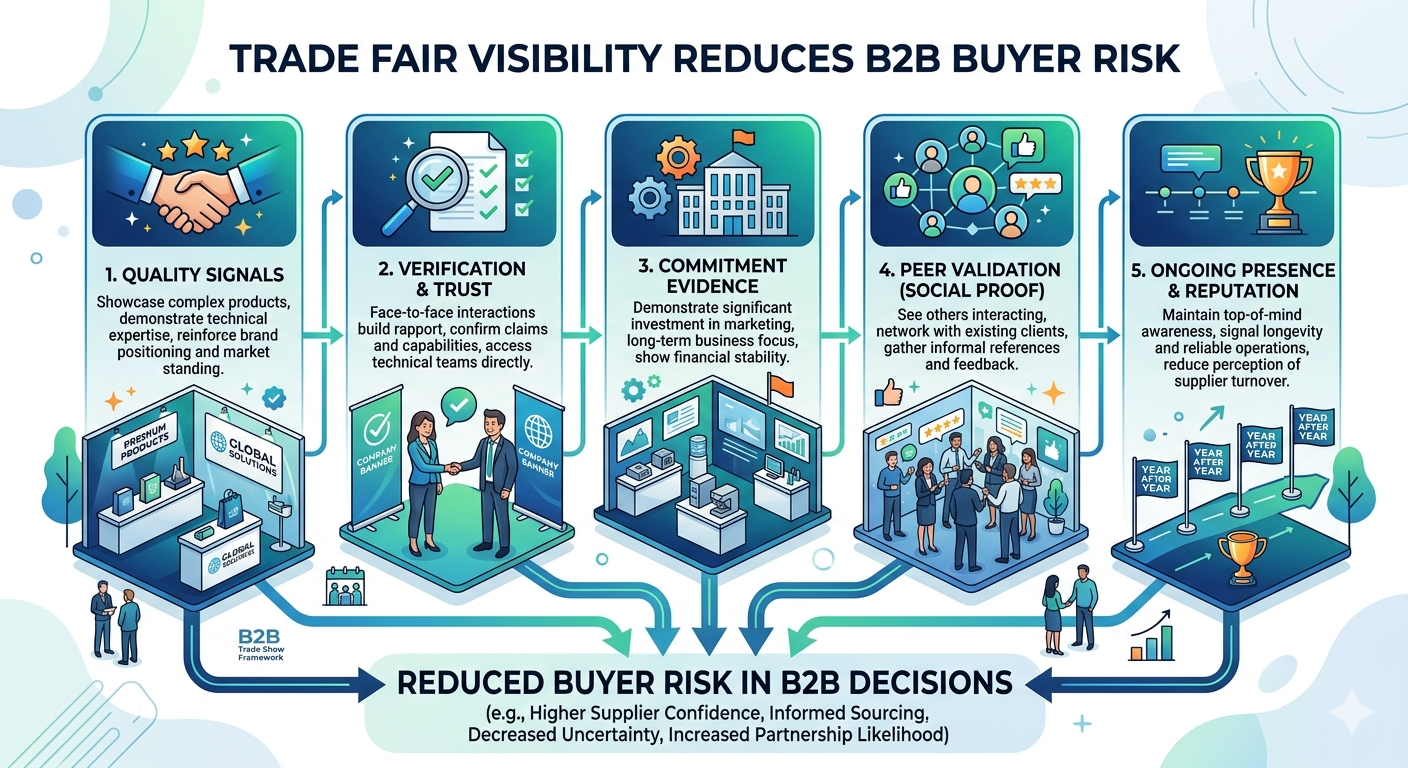 Framework showing how trade fair visibility reduces buyer risk in B2B markets through five mechanisms: quality signals, verification, commitment evidence, peer validation, and ongoing presence