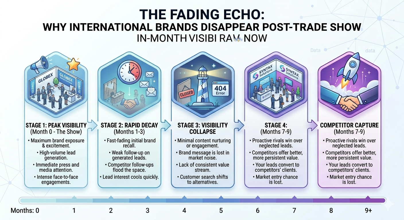 Diagram showing why international brands disappear after trade show participation through four stages: peak visibility, rapid decay, visibility collapse, and competitor capture over 9 months