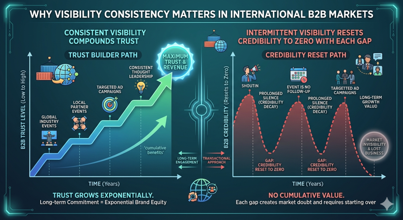 Chart showing why visibility consistency matters in international B2B markets: consistent visibility compounds trust while intermittent visibility resets credibility to zero with each gap