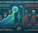 Chart showing why visibility consistency matters in international B2B markets: consistent visibility compounds trust while intermittent visibility resets credibility to zero with each gap