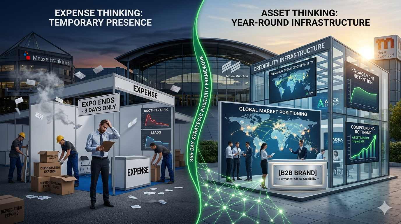 Year-round exhibitor asset framework showing transformation from expense thinking to asset thinking with continuity infrastructure components and compounding ROI over three years