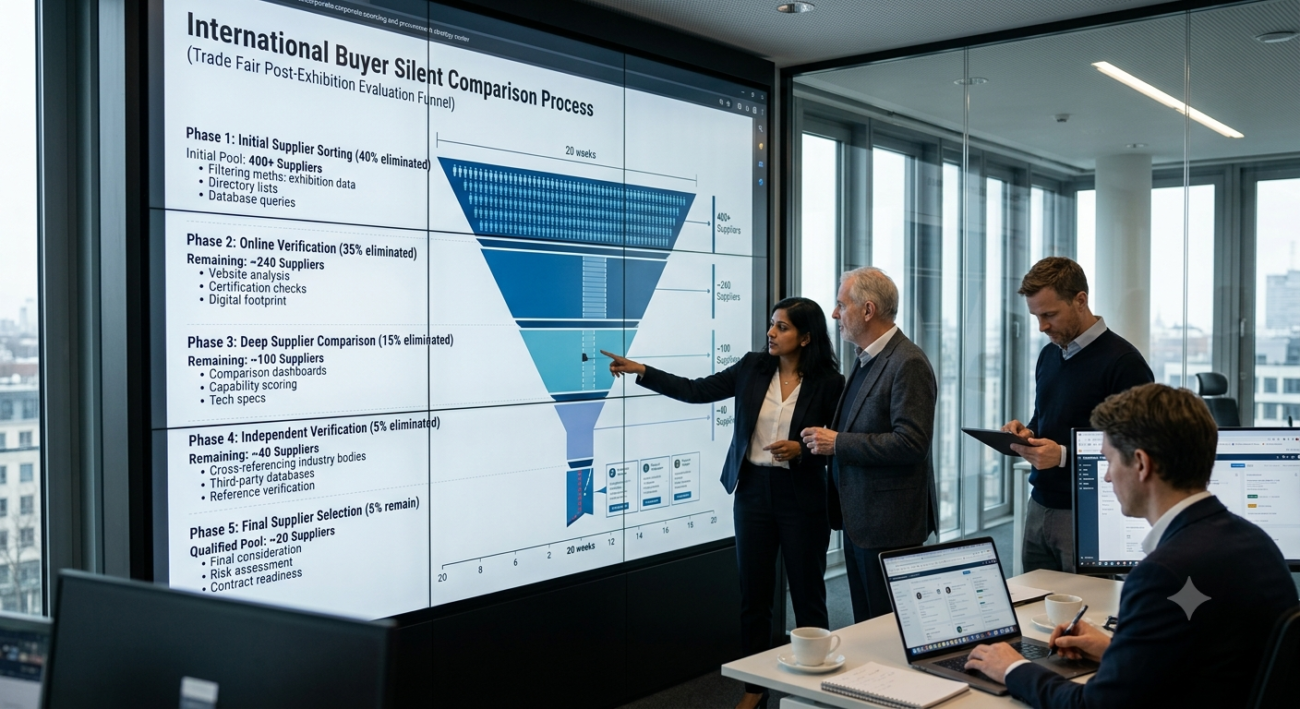 International buyers 5-phase silent comparison process showing elimination rates: initial sorting 40%, online verification 35%, deep comparison 15%, verification 5%, final selection 5% over 20 weeks