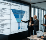 International buyers multi-phase silent comparison process showing how suppliers are eliminated at each stage: initial sorting, online verification, deep comparison, verification, and final selection over an extended post-fair timeline