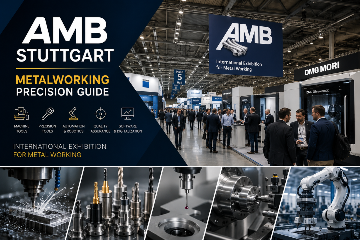 AMB Stuttgart Exhibitor List featuring a busy metalworking exhibition hall with CNC machines, precision manufacturing technology, industrial exhibitors, and professional visitors at Messe Stuttgart