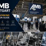 AMB Stuttgart Exhibitor List featuring a busy metalworking exhibition hall with CNC machines, precision manufacturing technology, industrial exhibitors, and professional visitors at Messe Stuttgart