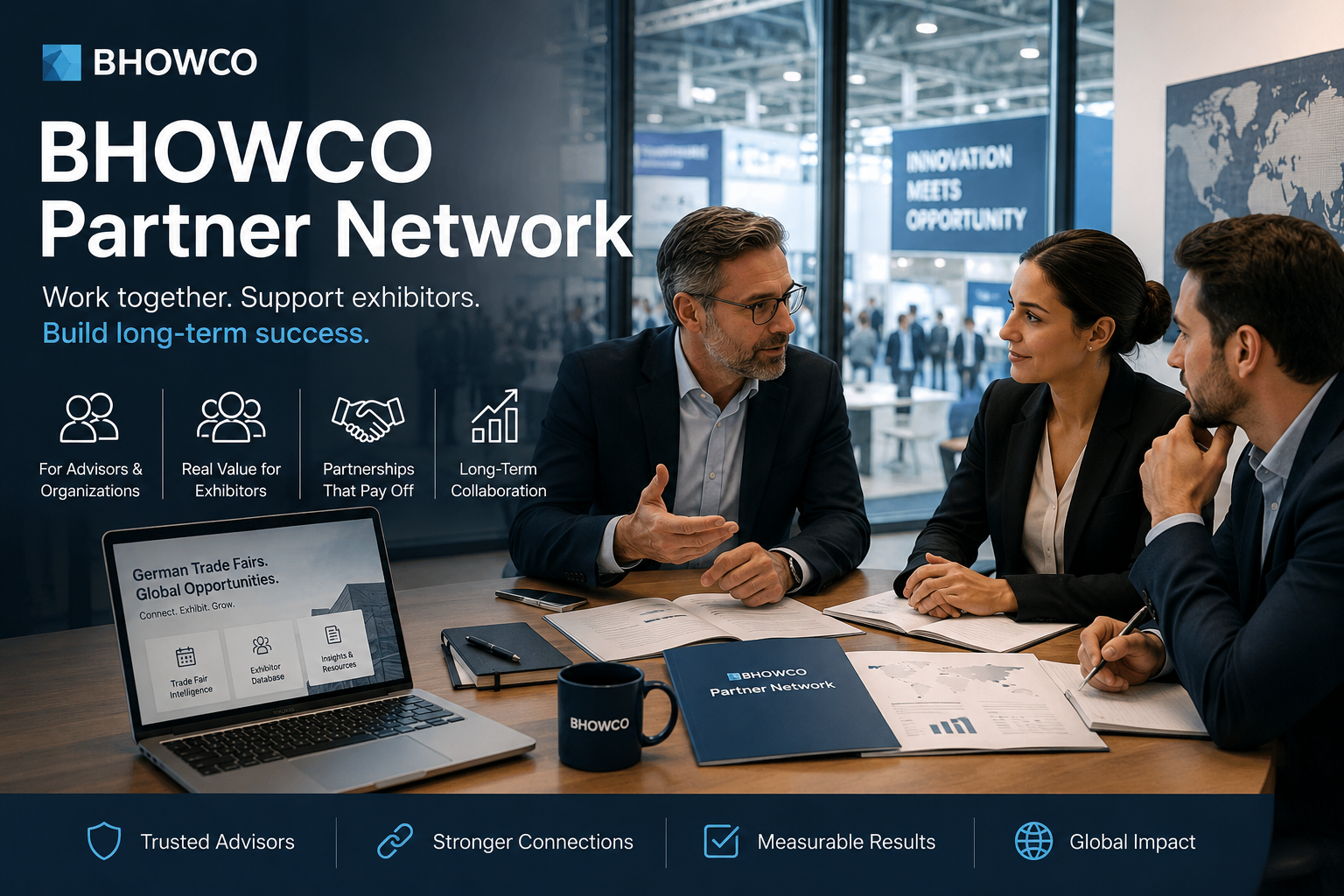 Partner Network 1 Business advisors discussing international exhibitor strategy during a professional meeting with a German trade fair exhibition hall in the background, representing the BHOWCO Partner Network.
