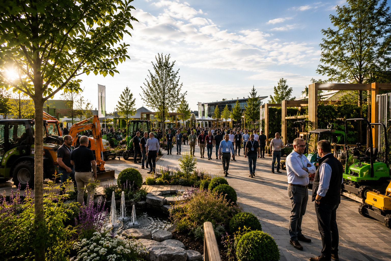 GaLaBau Nuremberg Exhibitor List 2026 featuring Messe Nürnberg exhibition grounds with professional landscaping compliance and public works procurement process overlay
