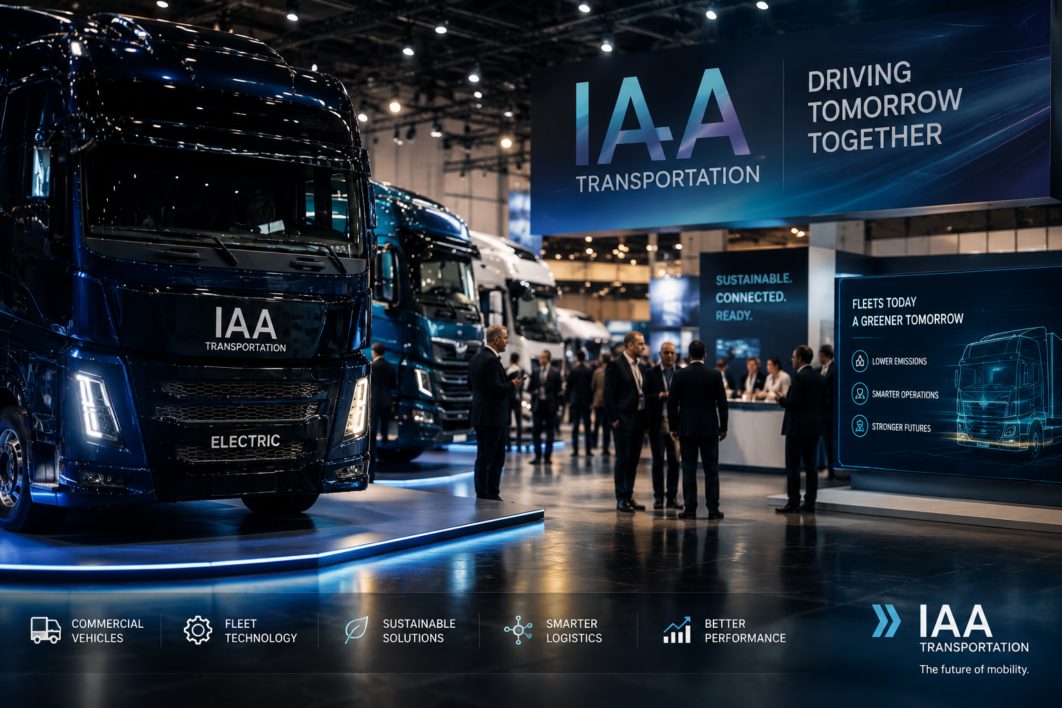 IAA TRANSPORTATION exhibitor list 2026 featuring Deutsche Messe Hannover exhibition grounds with commercial vehicle fleet compliance and TCO validation process overlay