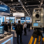 INTERGEO exhibitor list 2026 featuring Messe München exhibition halls with geospatial data quality, certification and interoperability validation process overlay