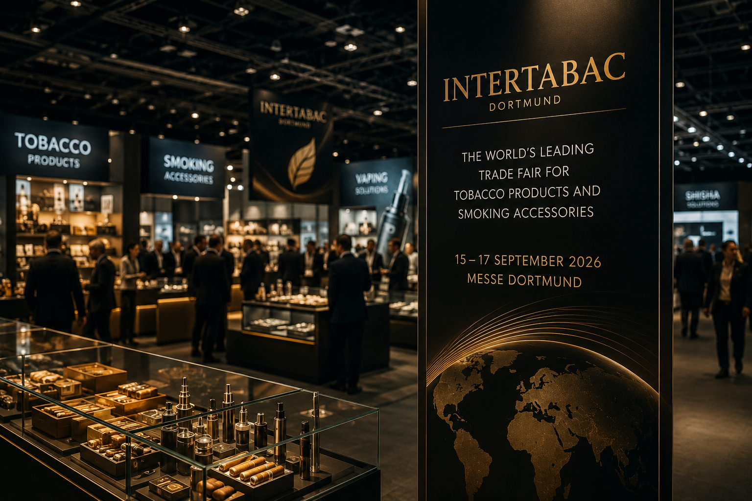 InterTabac exhibitor list 2026 featuring Messe Dortmund exhibition halls with tobacco retail compliance and regulatory validation process overlay