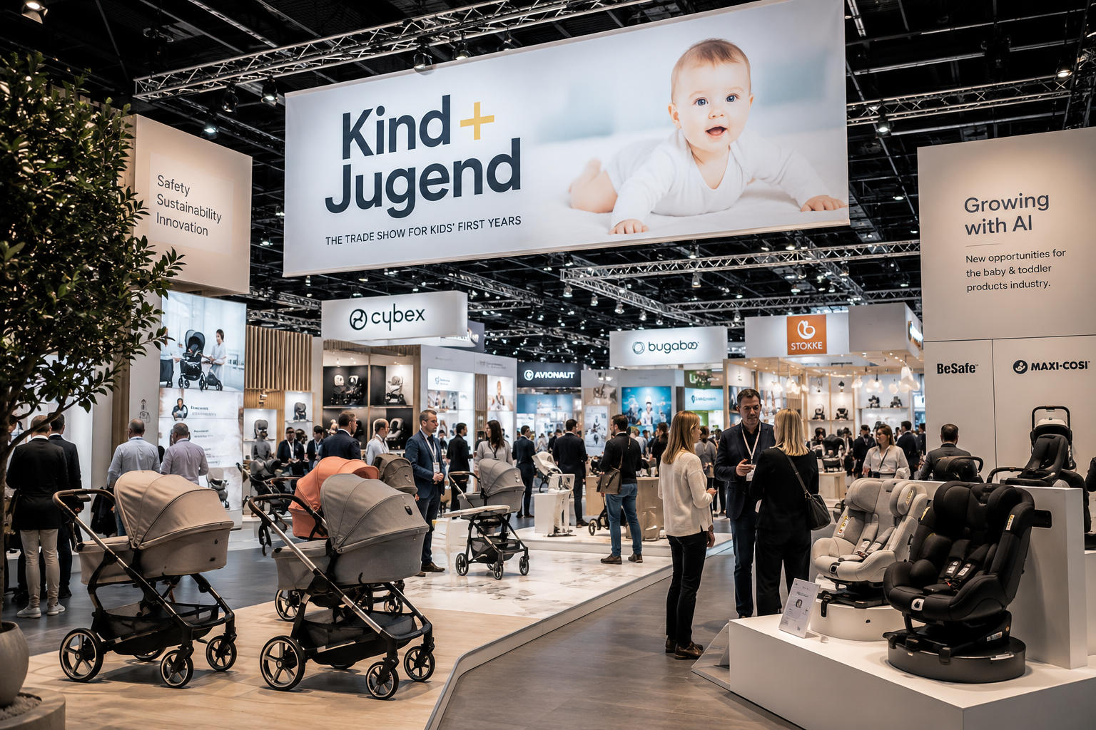 Kind + Jugend exhibitor list 2026 featuring Koelnmesse Cologne exhibition halls with baby product safety compliance and retail validation process overlay