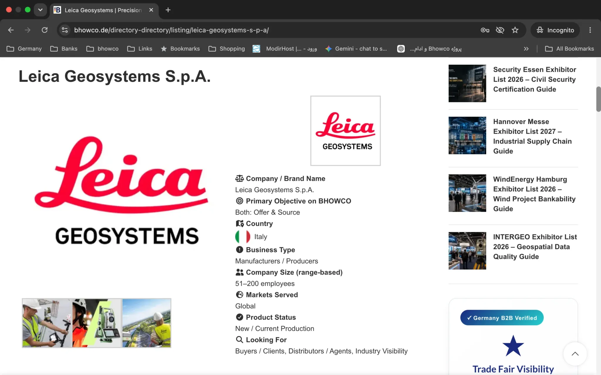 International Branding in Germany 4 Leica Geosystems S.p.A. - Verifiable BHOWCO Company Profile Screenshot