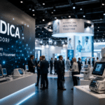 MEDICA Düsseldorf exhibitor list 2026 featuring Messe Düsseldorf exhibition halls with medical technology regulatory validation and procurement process overlay