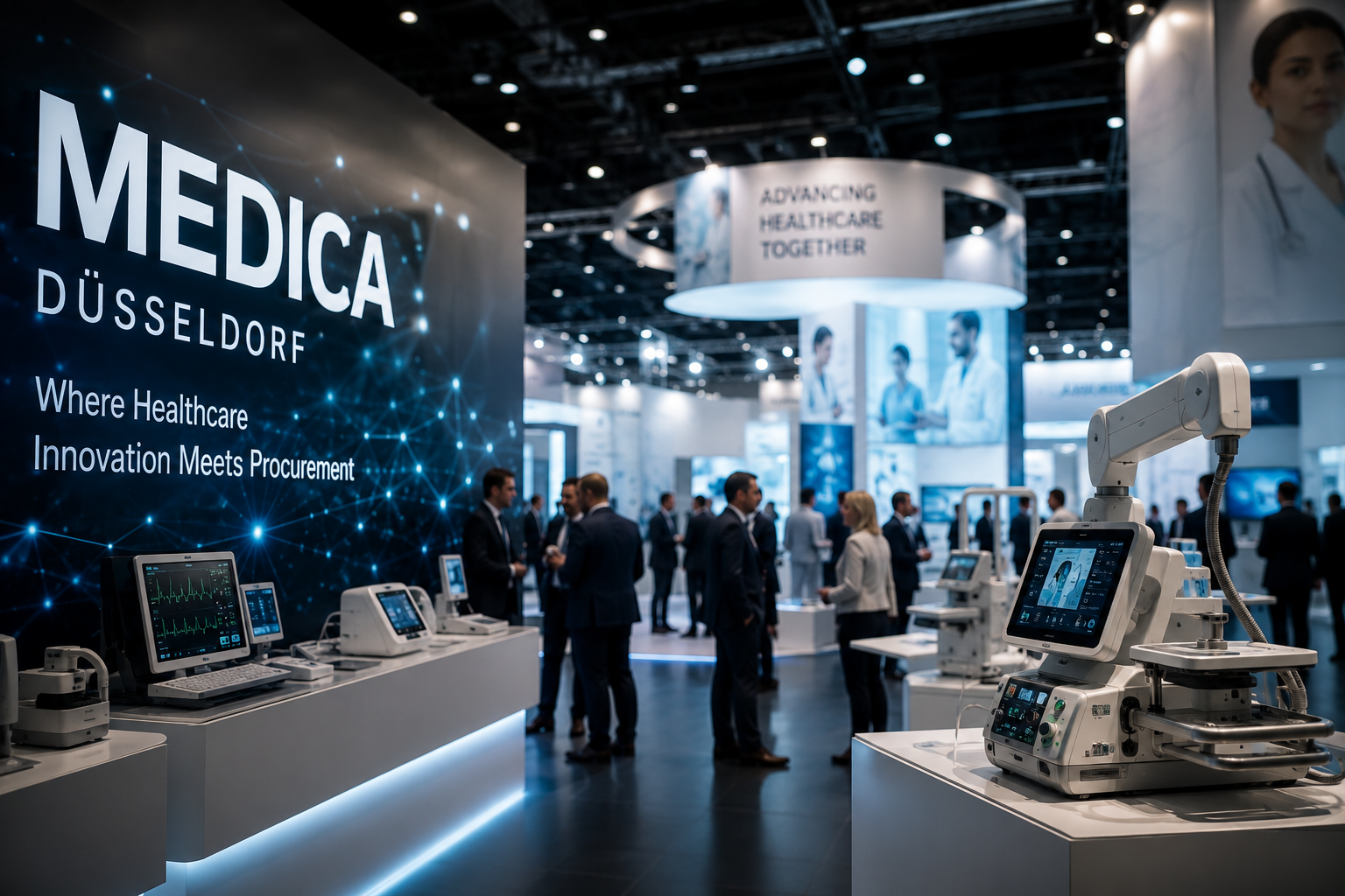 MEDICA Düsseldorf exhibitor list 2026 featuring Messe Düsseldorf exhibition halls with medical technology regulatory validation and procurement process overlay