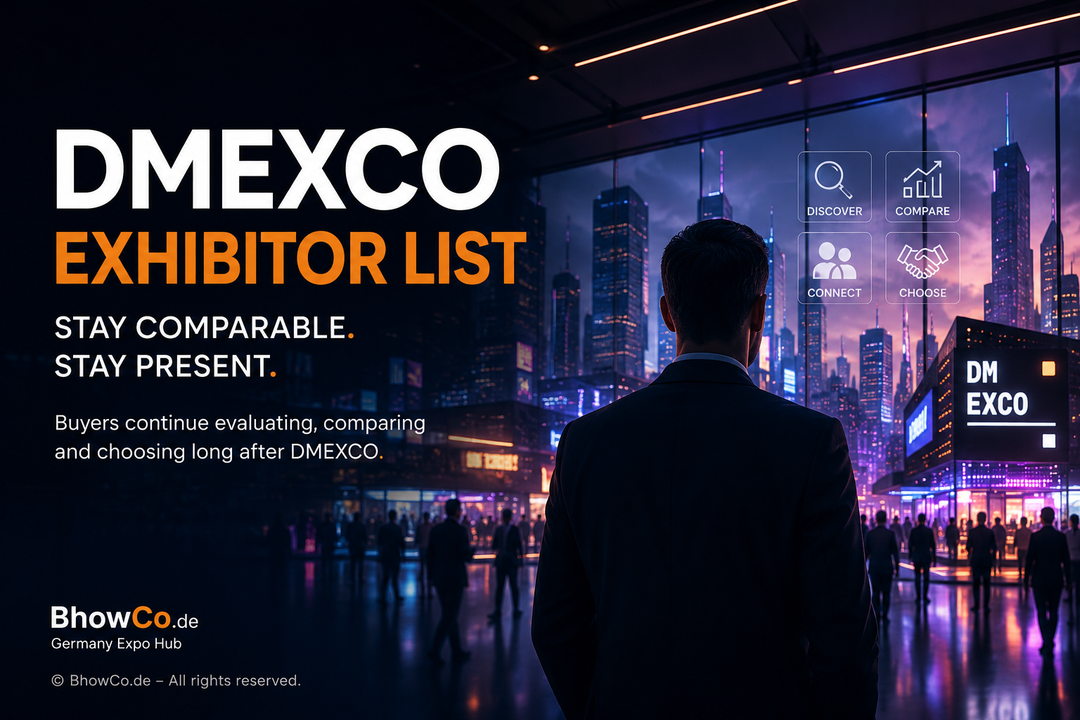 DMEXCO Exhibitor List featuring digital marketing, MarTech and AdTech companies in a cinematic international trade fair environment.