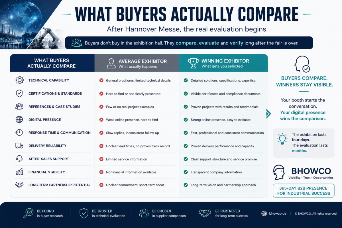 Hannover Messe Exhibitor List 2027 – Industrial Supply Chain Guide 7 Hannover Messe exhibitor list buyer evaluation infographic illustrating how industrial procurement managers compare suppliers based on technical capability, certifications, production capacity, quality assurance, after-sales support, and long-term business reliability.