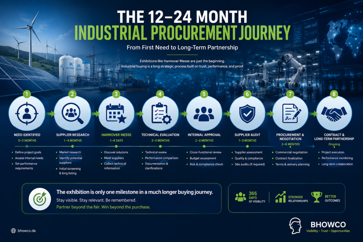 Hannover Messe Exhibitor List 2027 – Industrial Supply Chain Guide 8 Hannover Messe exhibitor list procurement timeline infographic showing the industrial B2B buying journey from trade fair meeting to supplier evaluation, technical validation, internal approval, procurement decision, and long-term partnership for international exhibitors in Germany.