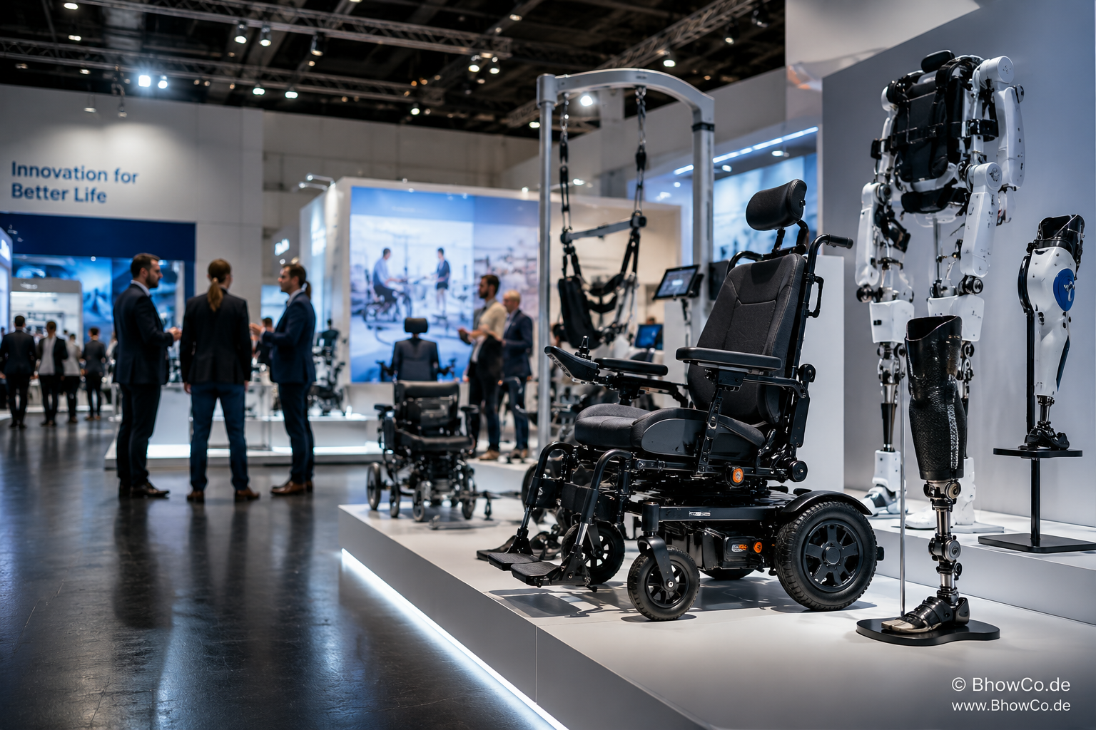 REHACARE exhibitor list showcasing rehabilitation technology, powered wheelchairs, prosthetics, exoskeletons and assistive medical devices at an international trade fair in Germany.