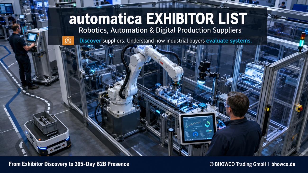 automatica Munich Exhibitor list showing industrial buyers evaluating robotics, machine vision and integrated automation suppliers.