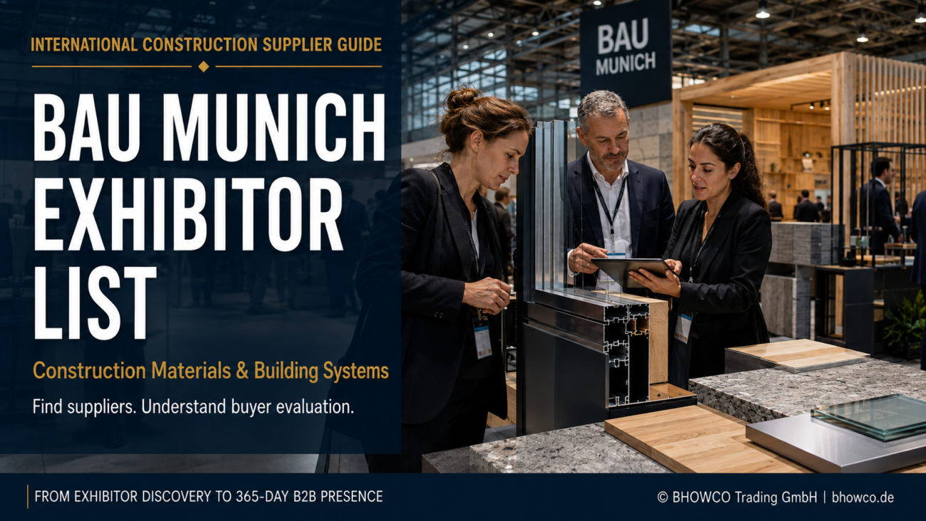 BAU Munich exhibitor list guide featuring construction material suppliers, building systems and professional B2B buyer evaluation.