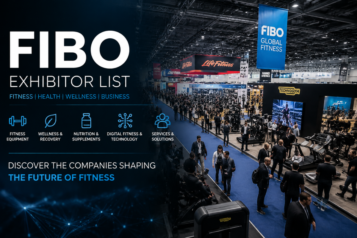 FIBO exhibitor list featuring fitness, health and wellness companies at an international trade fair in Cologne