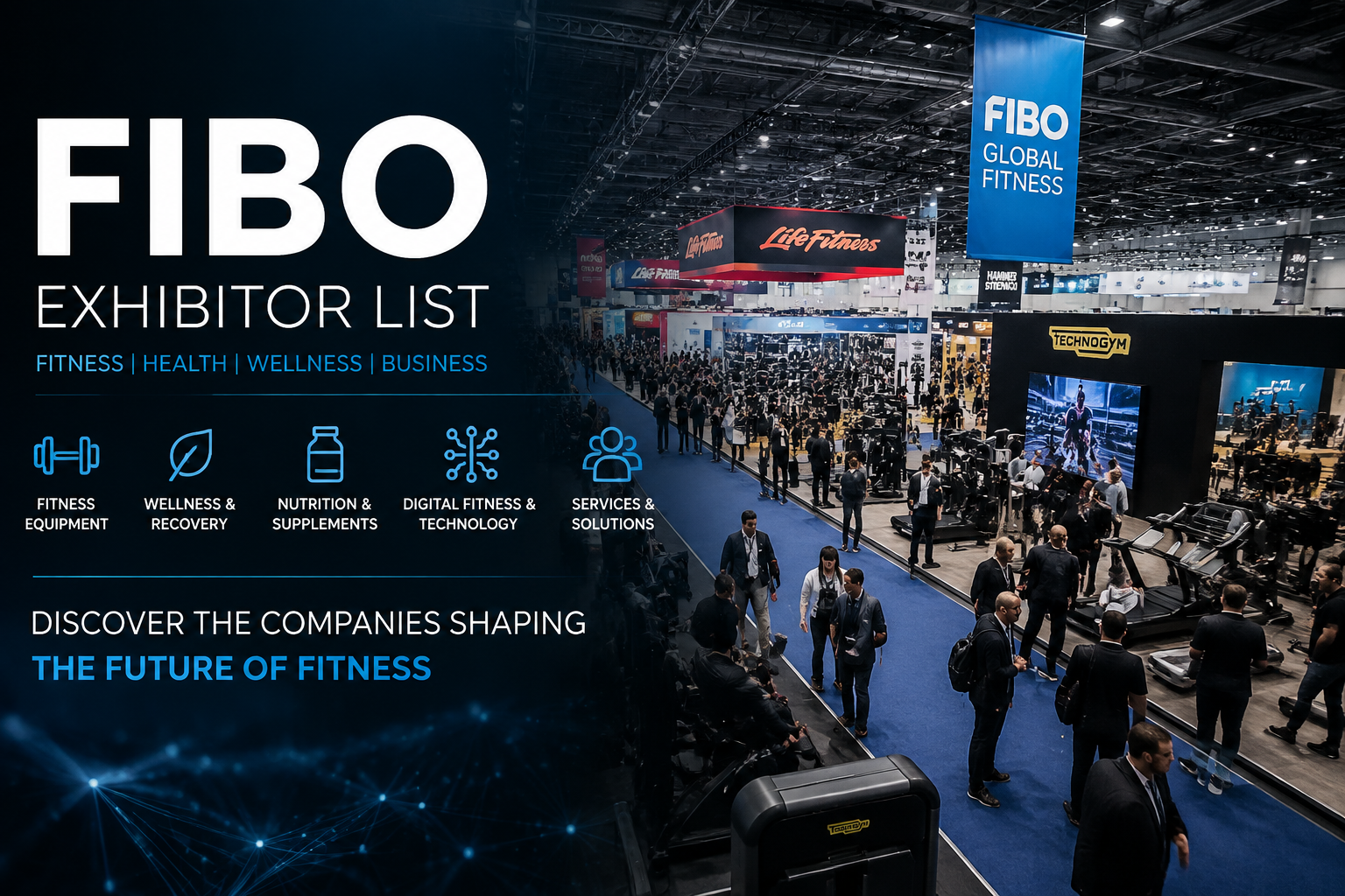 FIBO exhibitor list featuring fitness, health and wellness companies at an international trade fair in Cologne