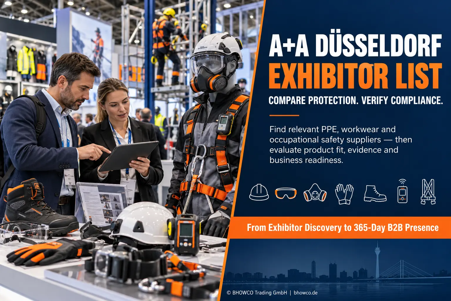 A+A Düsseldorf exhibitor list featuring professional buyers evaluating PPE, workwear and occupational safety suppliers.