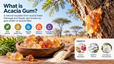 What Is Acacia Gum (E414)? Natural Properties & Applications Acacia gum E414 natural exudate from Senegal and Seyal acacia trees used in food, beverages, pharmaceuticals and cosmetics