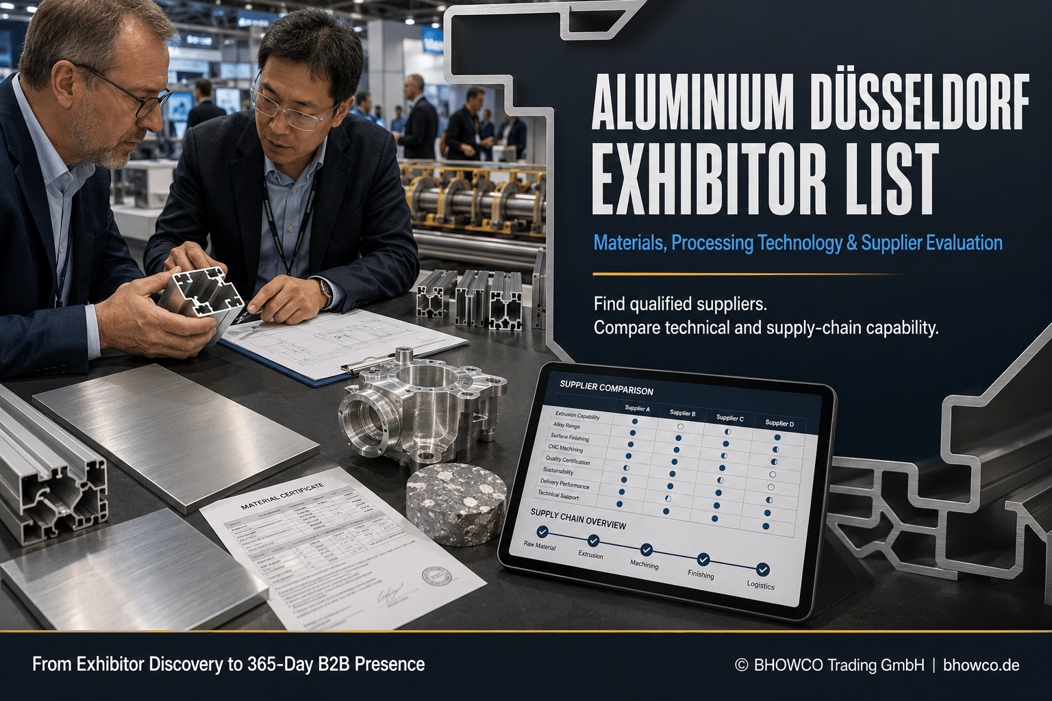 ALUMINIUM Düsseldorf exhibitor list guide showing industrial buyers comparing extrusion profiles, material certificates and aluminium suppliers.